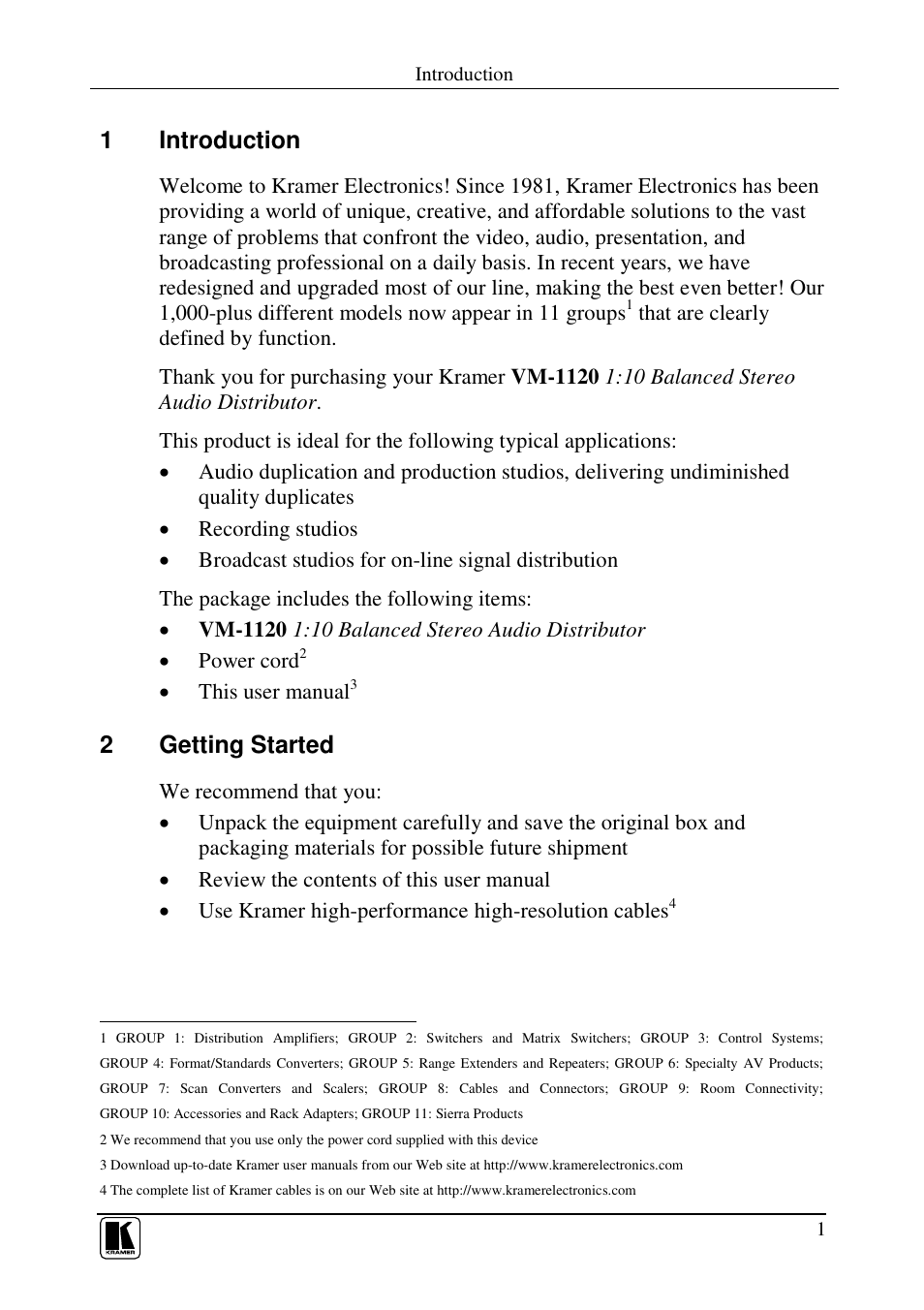 1introduction, 2getting started | Kramer Electronics VM-1120 User Manual | Page 3 / 16