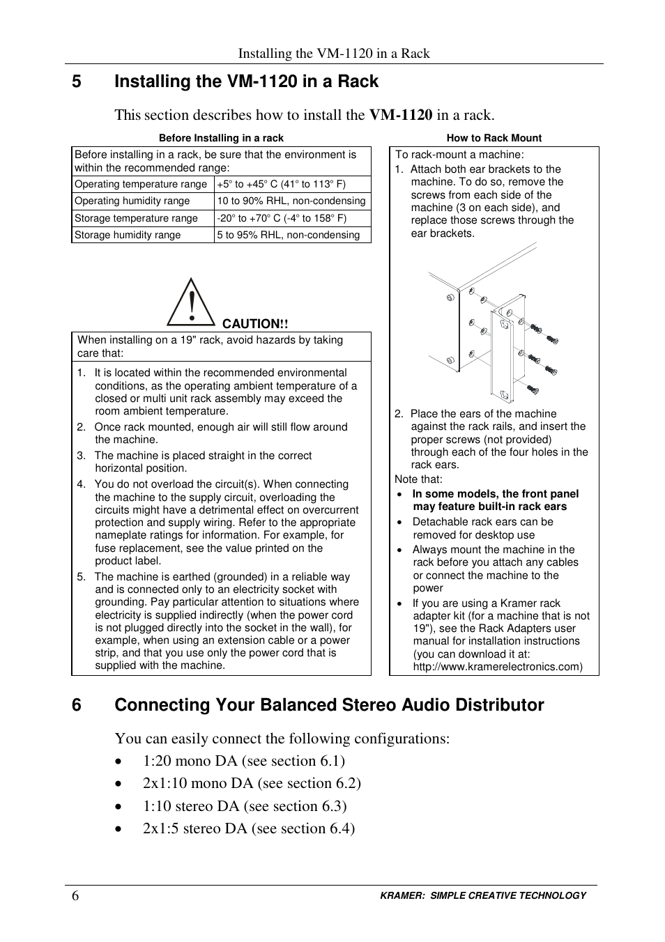 6connecting your balanced stereo audio distributor, Installing the vm-1120 in a rack | Kramer Electronics VM-1120 User Manual | Page 8 / 16