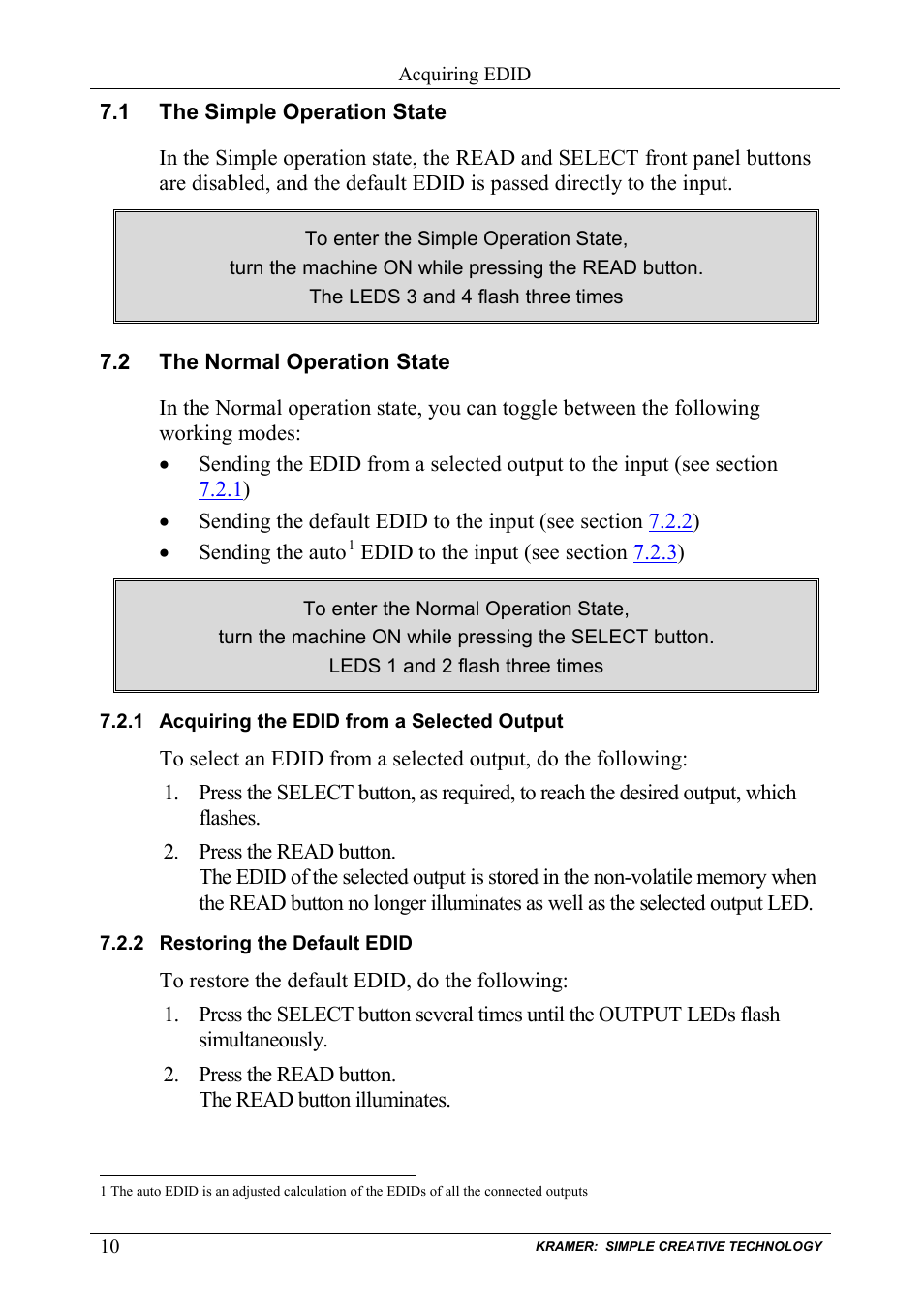 1 the simple operation state, 2 the normal operation state, 1 acquiring the edid from a selected output | 2 restoring the default edid, The simple operation state, The normal operation state, Acquiring the edid from a selected output, Restoring the default edid | Kramer Electronics VM-12HDCP User Manual | Page 12 / 15