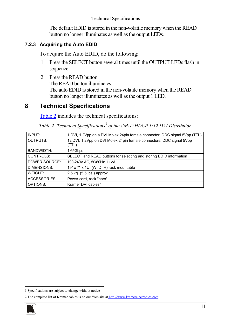 3 acquiring the auto edid, 8 technical specifications, Acquiring the auto edid | Technical specifications, 8technical specifications, Table 2 includes the technical specifications | Kramer Electronics VM-12HDCP User Manual | Page 13 / 15