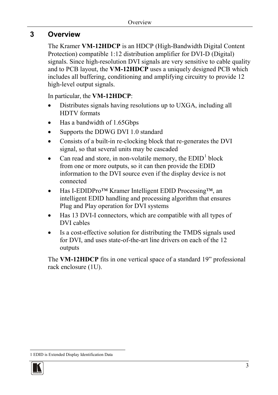 3 overview, Overview | Kramer Electronics VM-12HDCP User Manual | Page 5 / 15