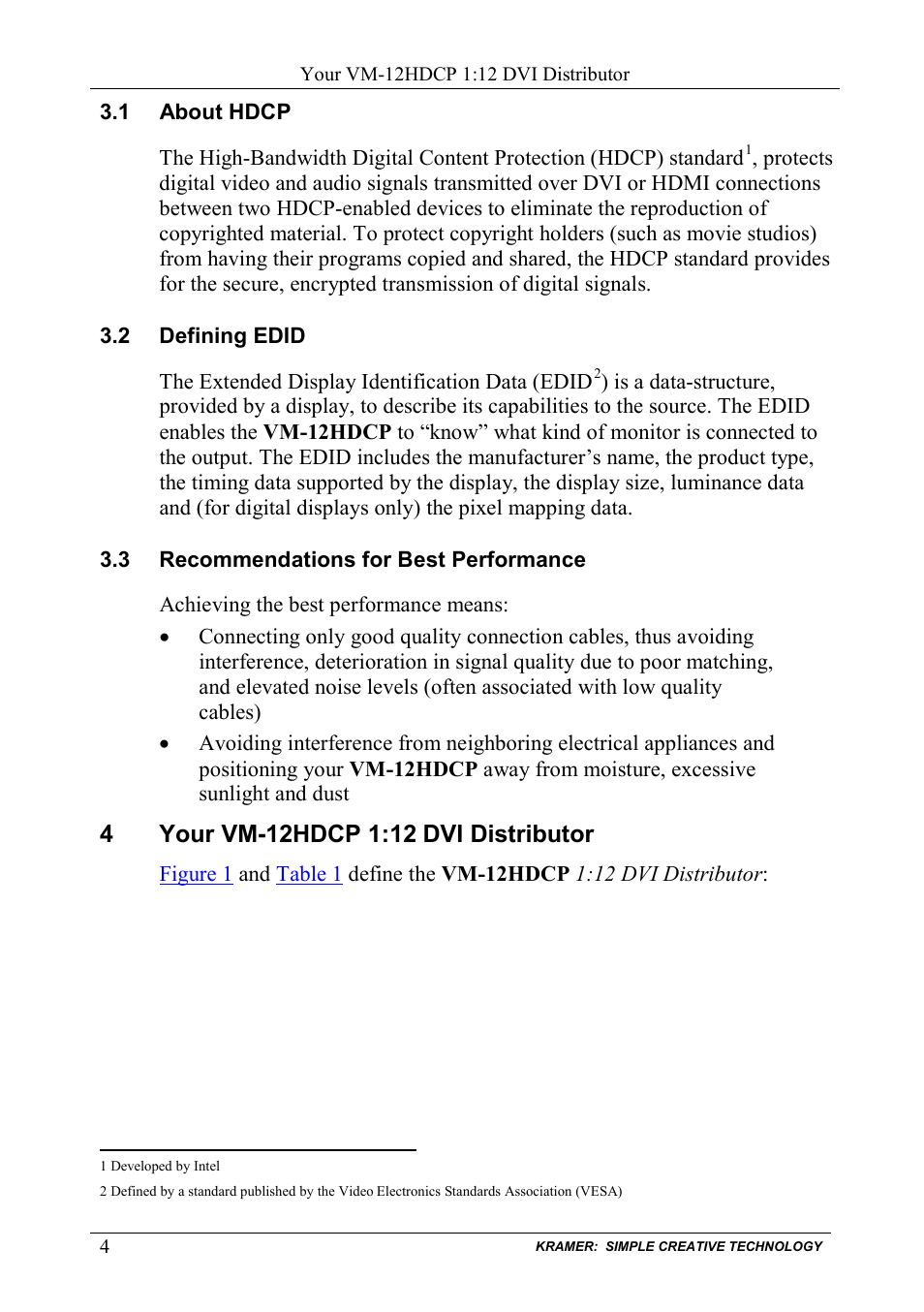 1 about hdcp, 2 defining edid, 3 recommendations for best performance | 4 your vm12hdcp 1:12 dvi distributor, About hdcp, Defining edid, Recommendations for best performance, Your vm-12hdcp 1:12 dvi distributor | Kramer Electronics VM-12HDCP User Manual | Page 6 / 15