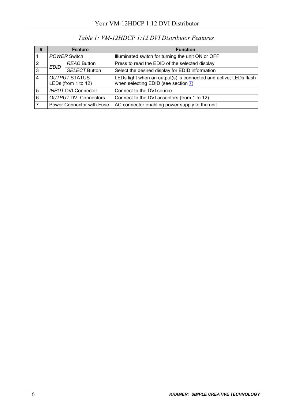 Table 1: vm-12hdcp 1:12 dvi distributor features, Table 1 | Kramer Electronics VM-12HDCP User Manual | Page 8 / 15