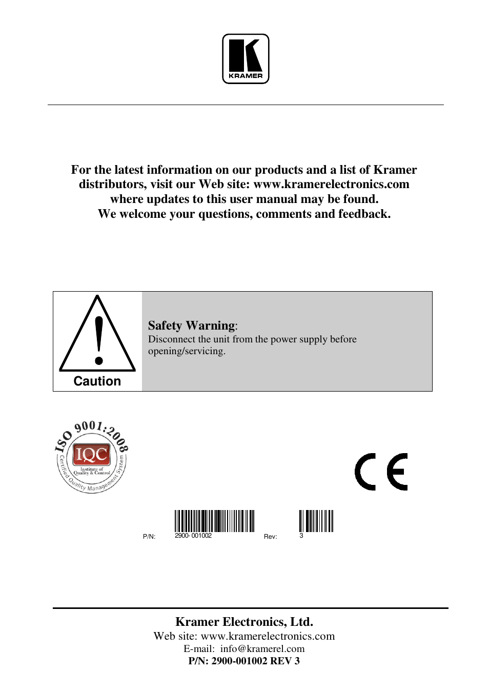 Kramer electronics, ltd, Caution, Safety warning | Kramer Electronics VM-80A User Manual | Page 14 / 14