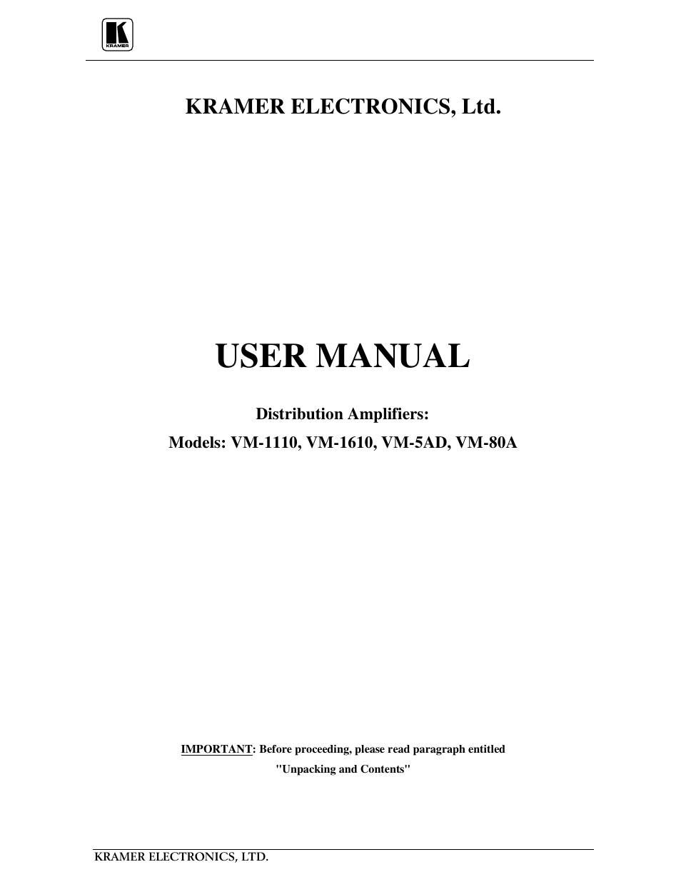 Kramer Electronics VM-1610 User Manual | 18 pages