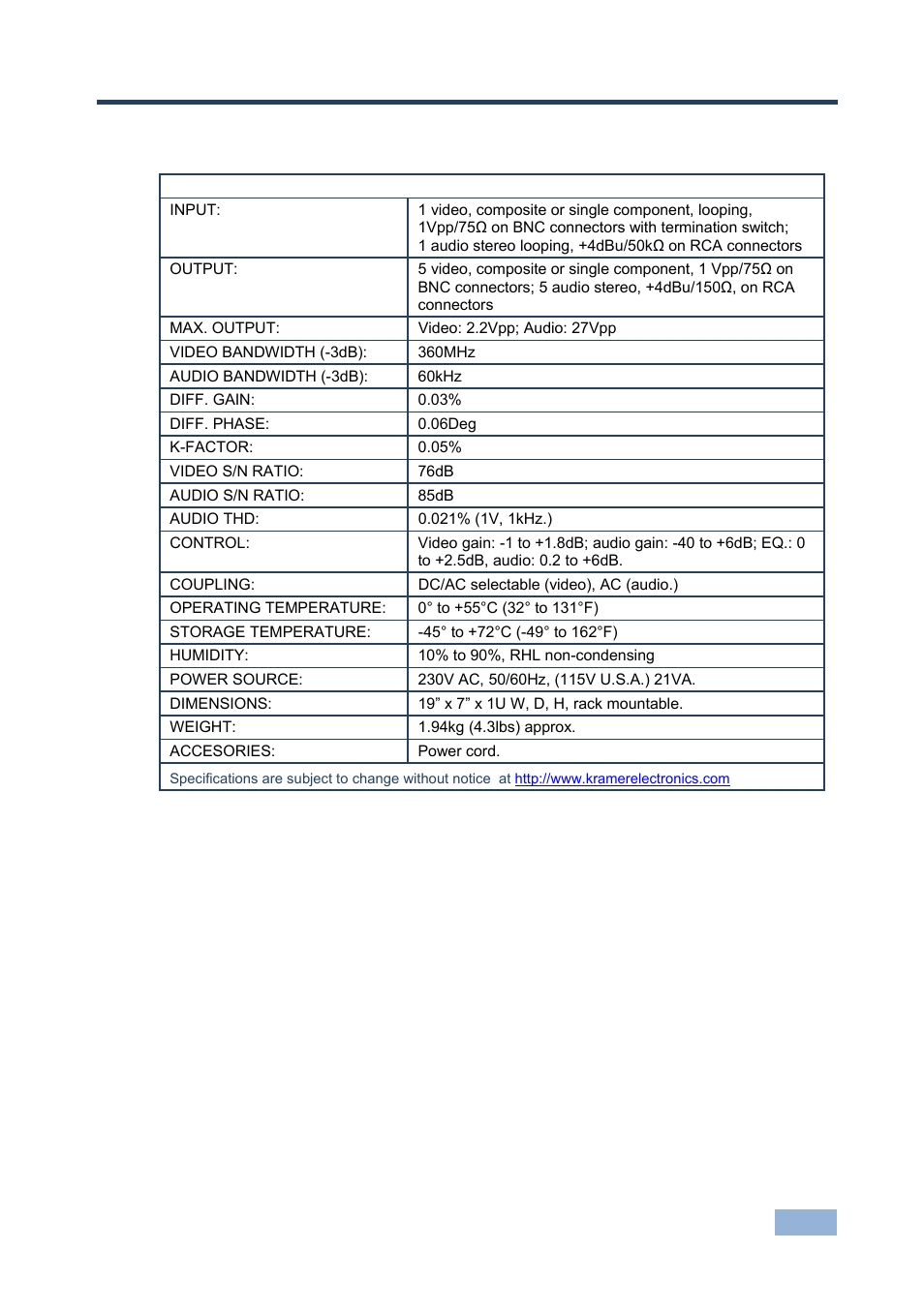 7 technical specifications, Technical specifications | Kramer Electronics VM-5ARII User Manual | Page 18 / 21