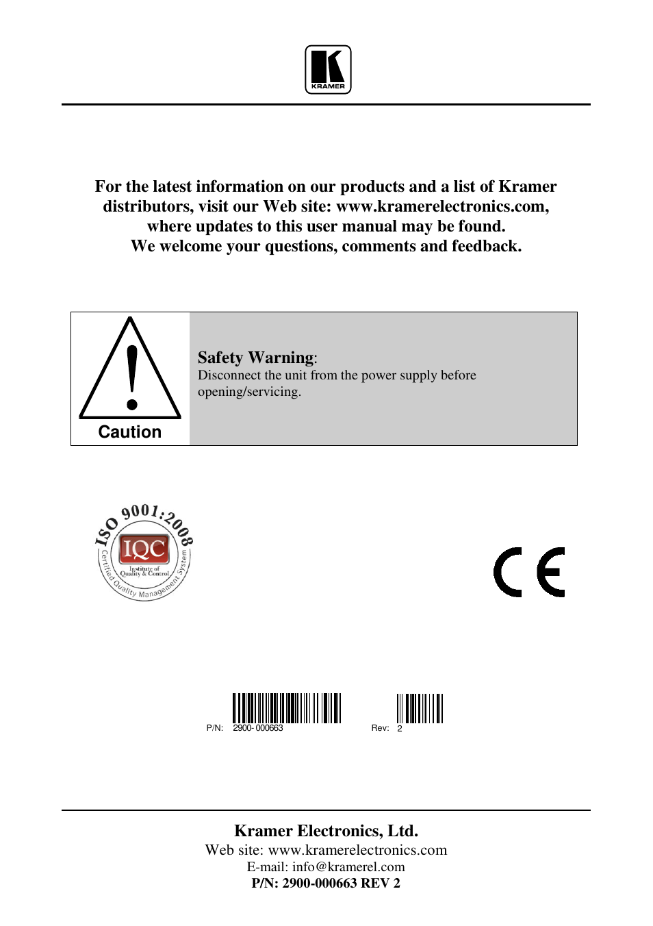 Kramer electronics, ltd, Caution, Safety warning | Kramer Electronics VM-22H User Manual | Page 12 / 12