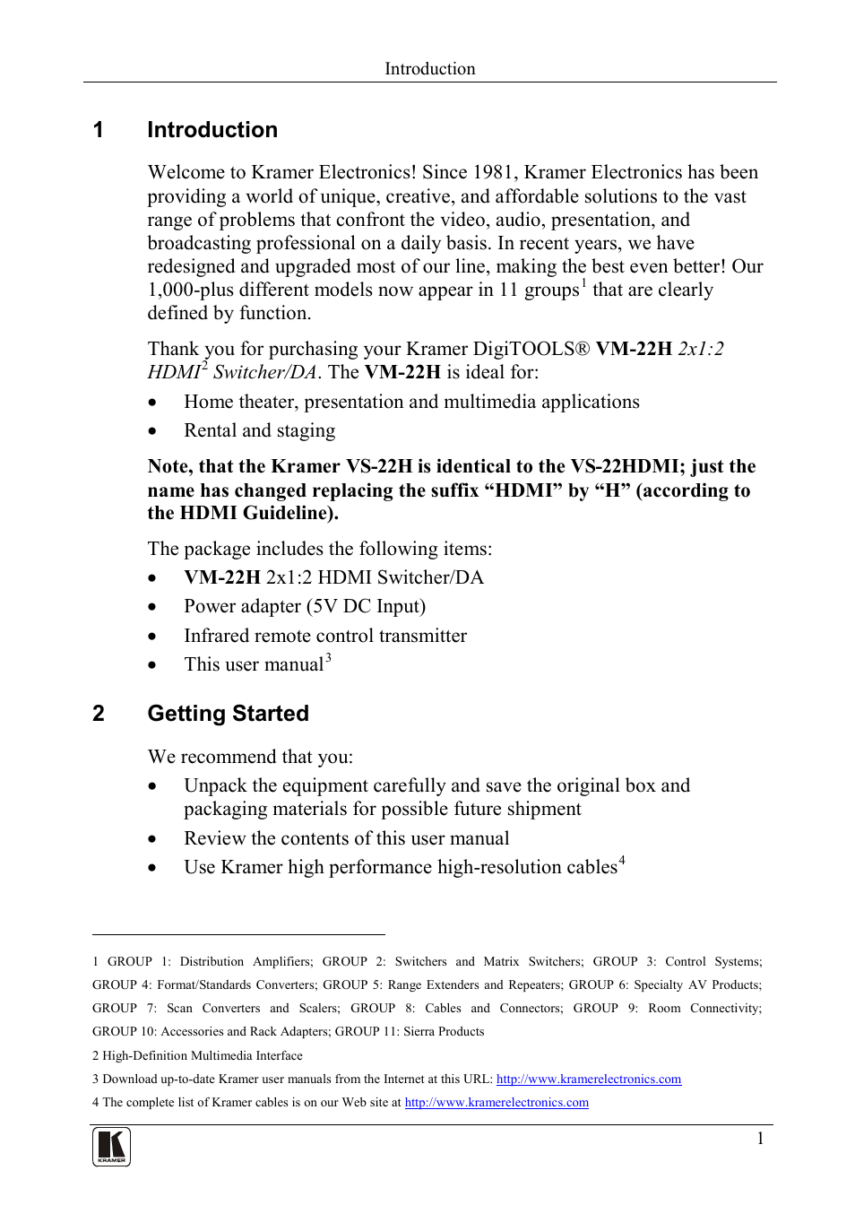 1 introduction, 2 getting started, Introduction | Getting started, 1introduction, 2getting started | Kramer Electronics VM-22H User Manual | Page 3 / 12