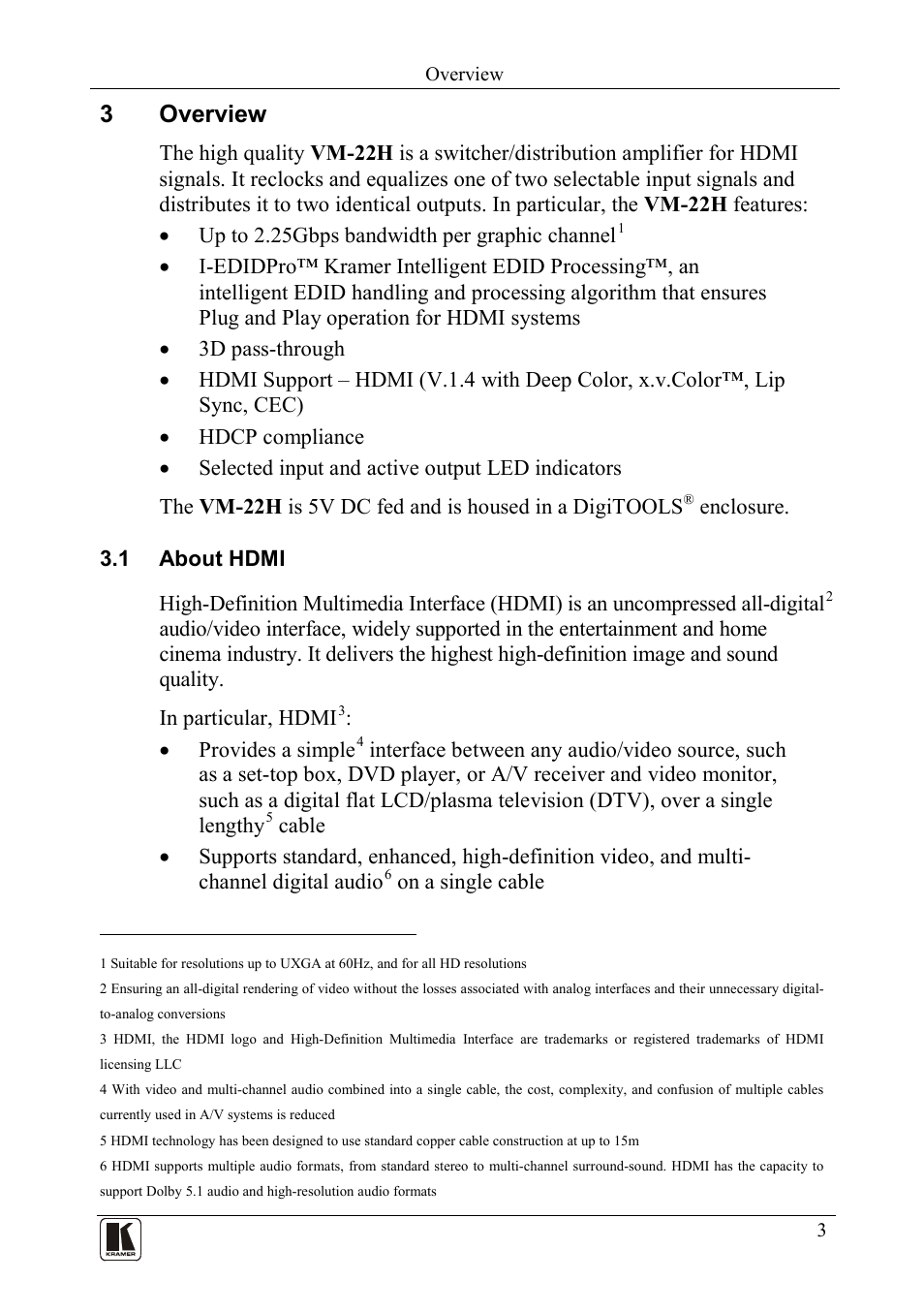 3 overview, 1 about hdmi, Overview | About hdmi, 3overview | Kramer Electronics VM-22H User Manual | Page 5 / 12