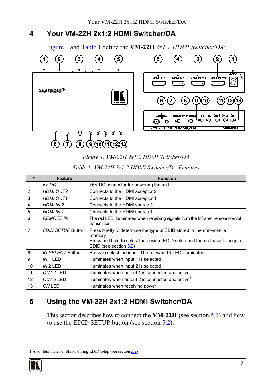 4 your vm-22h 2x1:2 hdmi switcher/da, 5 using the vm-22h 2x1:2 hdmi switcher/da, Your vm-22h 2x1:2 hdmi switcher/da | Using the vm-22h 2x1:2 hdmi switcher/da, Figure 1: vm-22h 2x1:2 hdmi switcher/da, Table 1: vm-22h 2x1:2 hdmi switcher/da features | Kramer Electronics VM-22H User Manual | Page 7 / 12