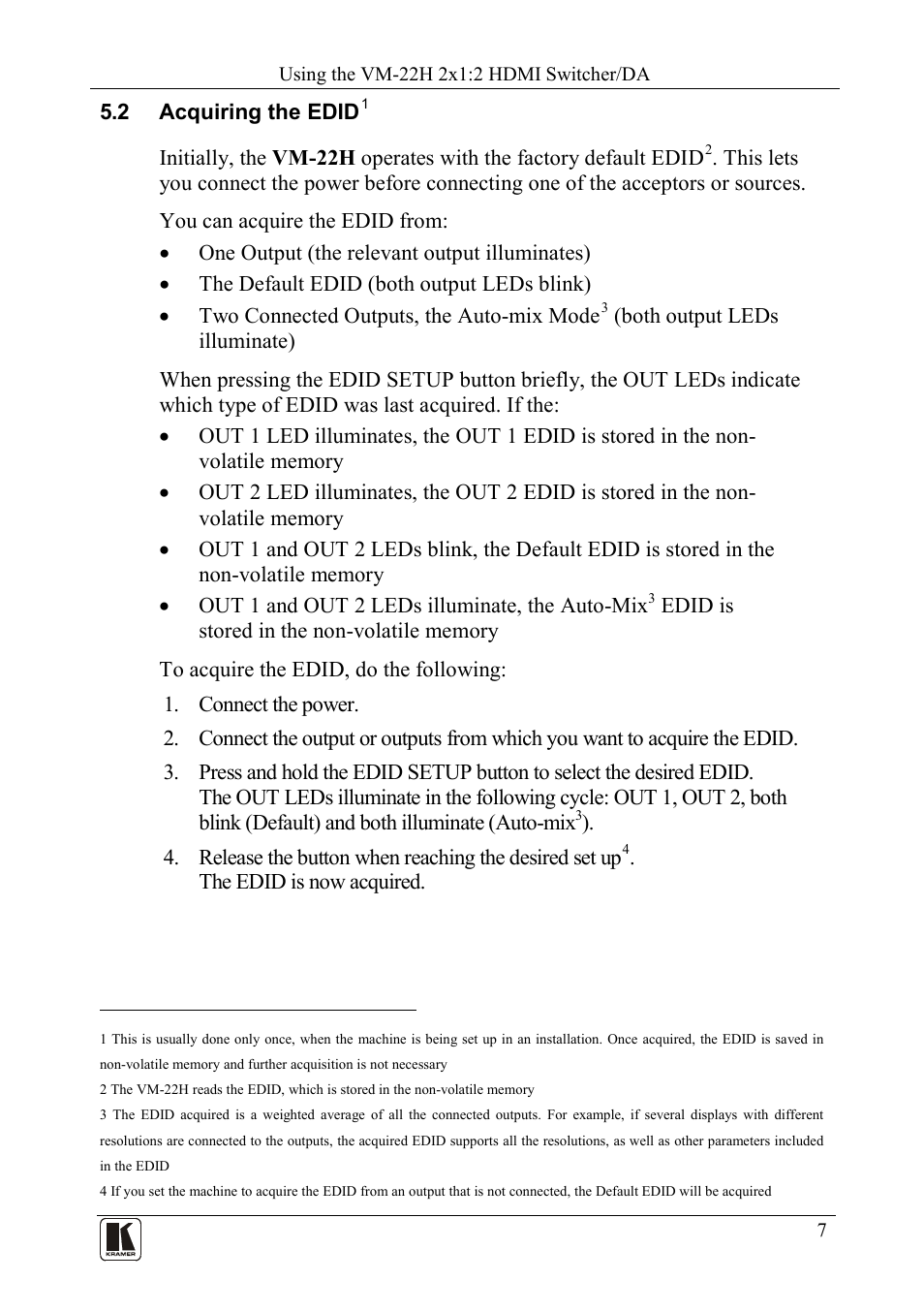 2 acquiring the edid, Acquiring the edid, D setup (see section | Kramer Electronics VM-22H User Manual | Page 9 / 12