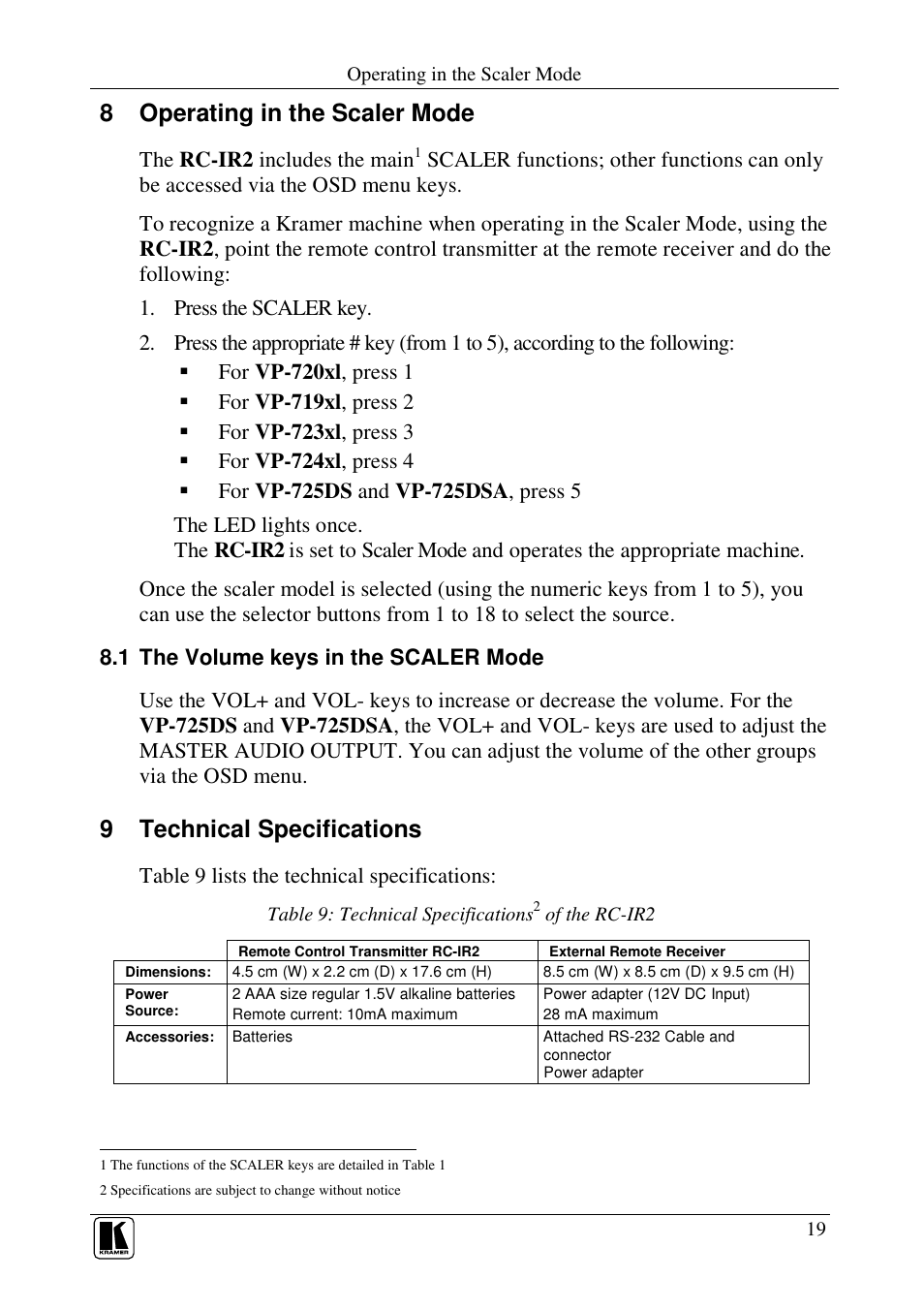 8 operating in the scaler mode, 9 technical specifications | Kramer Electronics RC-IR2 User Manual | Page 22 / 24