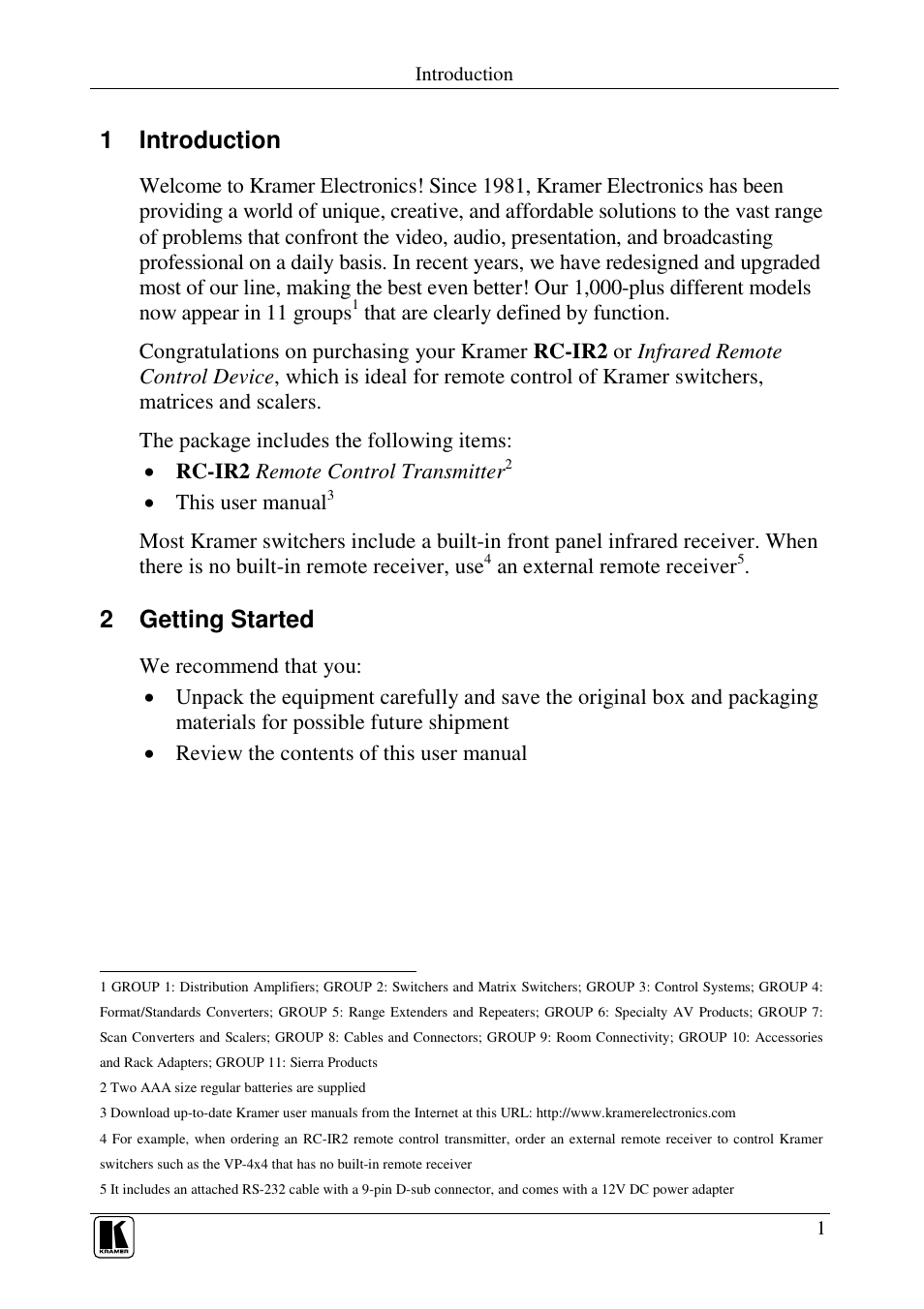 1 introduction, 2 getting started | Kramer Electronics RC-IR2 User Manual | Page 4 / 24