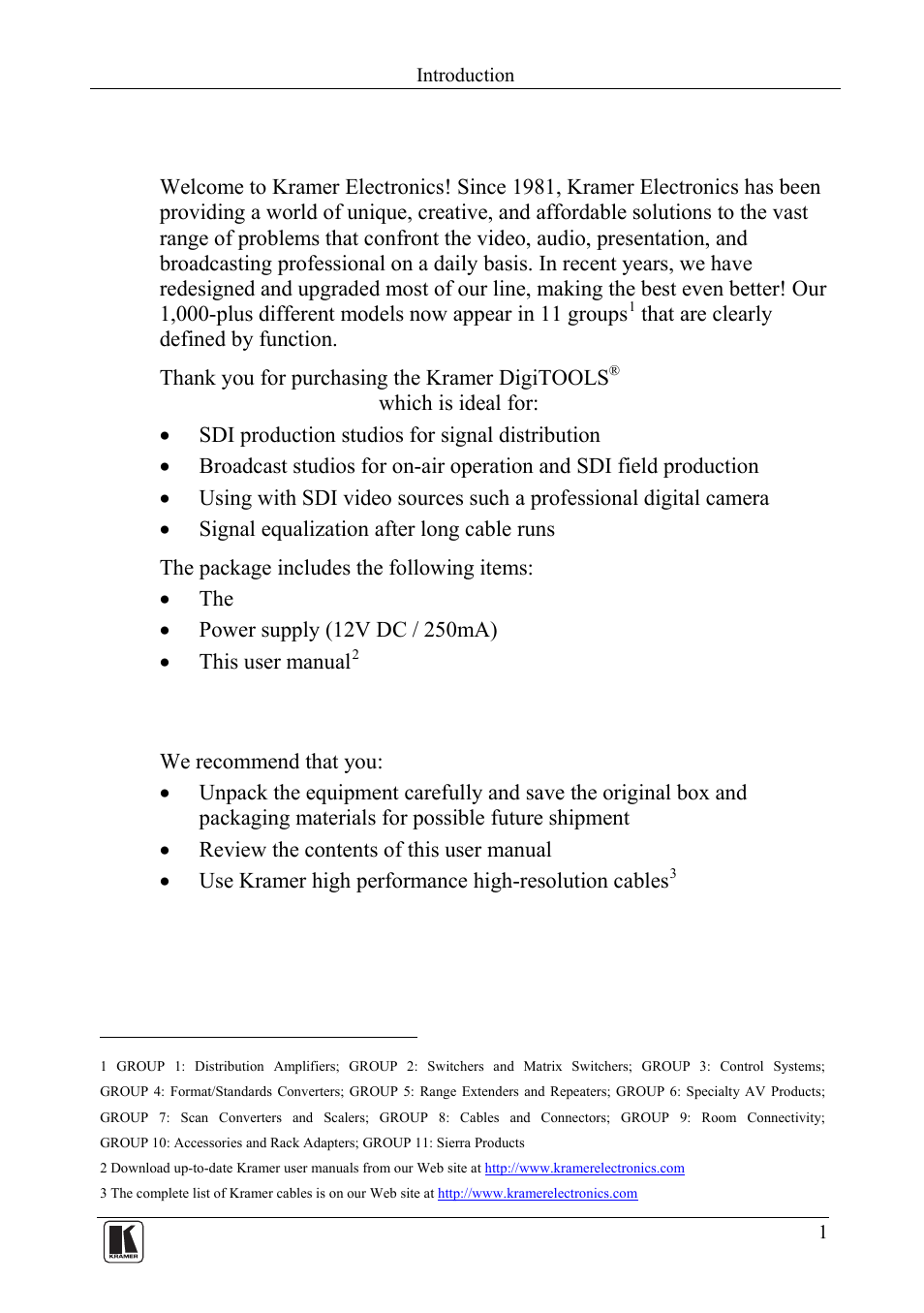 1 introduction, 2 getting started, Introduction | Getting started | Kramer Electronics VM-22HD User Manual | Page 3 / 11