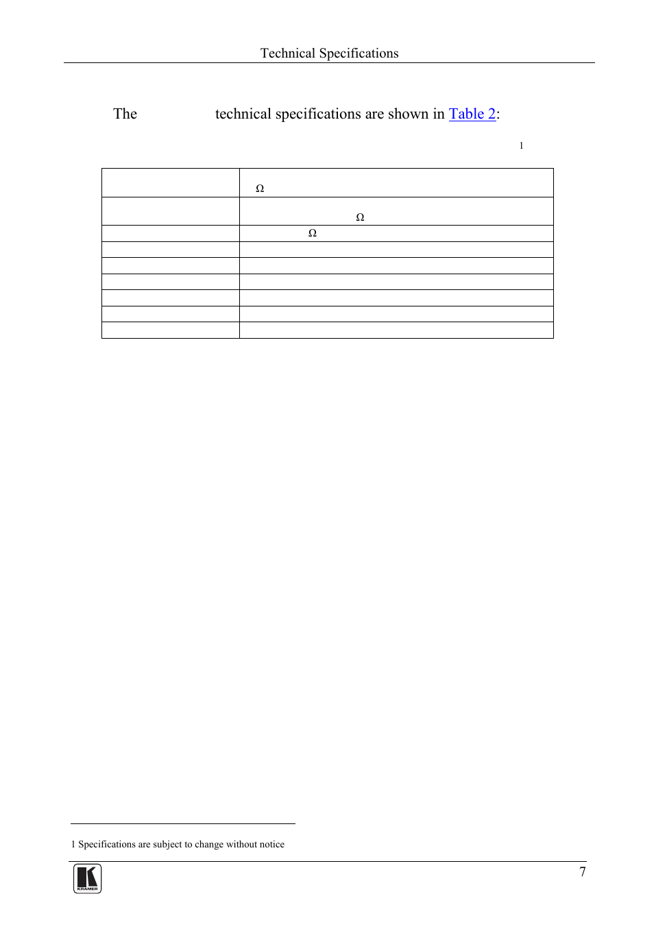 6 technical specifications, Technical specifications | Kramer Electronics VM-22HD User Manual | Page 9 / 11