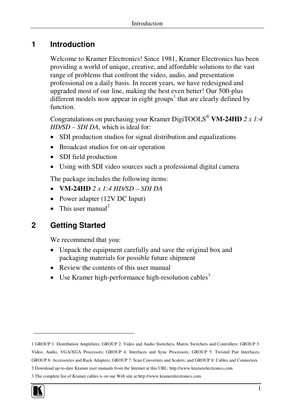 1introduction, 2getting started | Kramer Electronics VM-24HD User Manual | Page 3 / 10