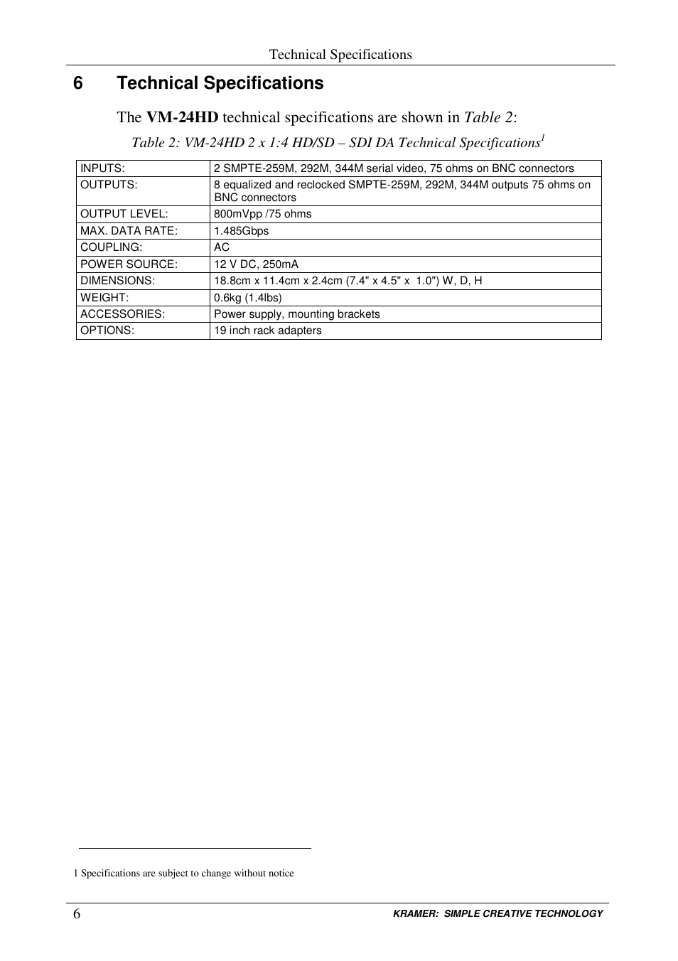 6technical specifications | Kramer Electronics VM-24HD User Manual | Page 8 / 10