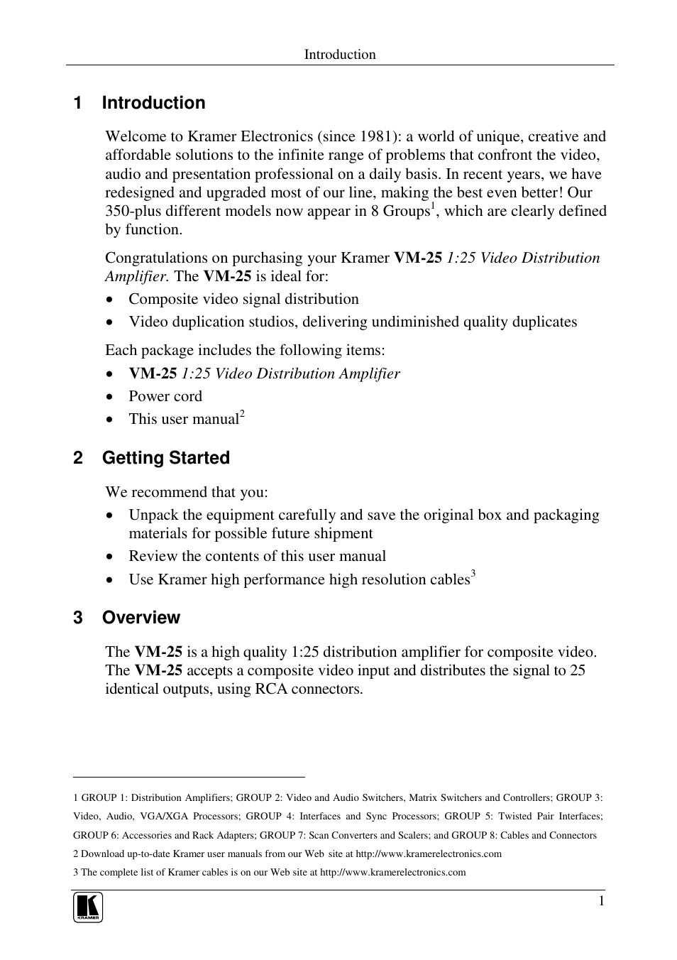 1 introduction, 2 getting started, 3 overview | Kramer Electronics VM-25 User Manual | Page 4 / 13