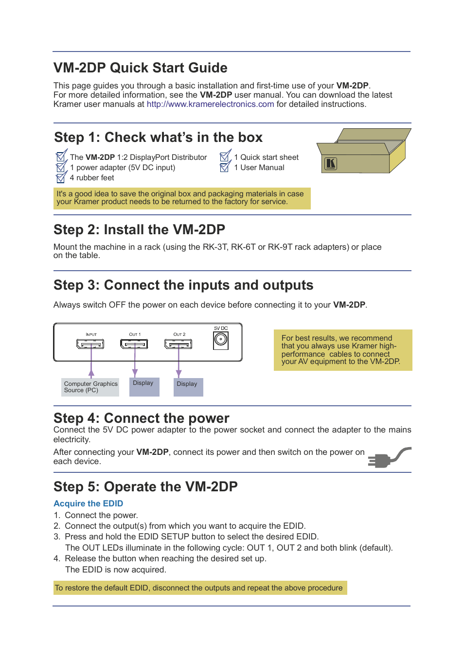 Step 4: connect the power, Step 5: operate the vm-2dp | Kramer Electronics VM-2DP User Manual | Page 2 / 13