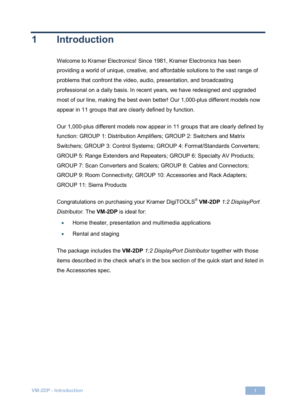 1 introduction, Introduction, 1introduction | Kramer Electronics VM-2DP User Manual | Page 4 / 13