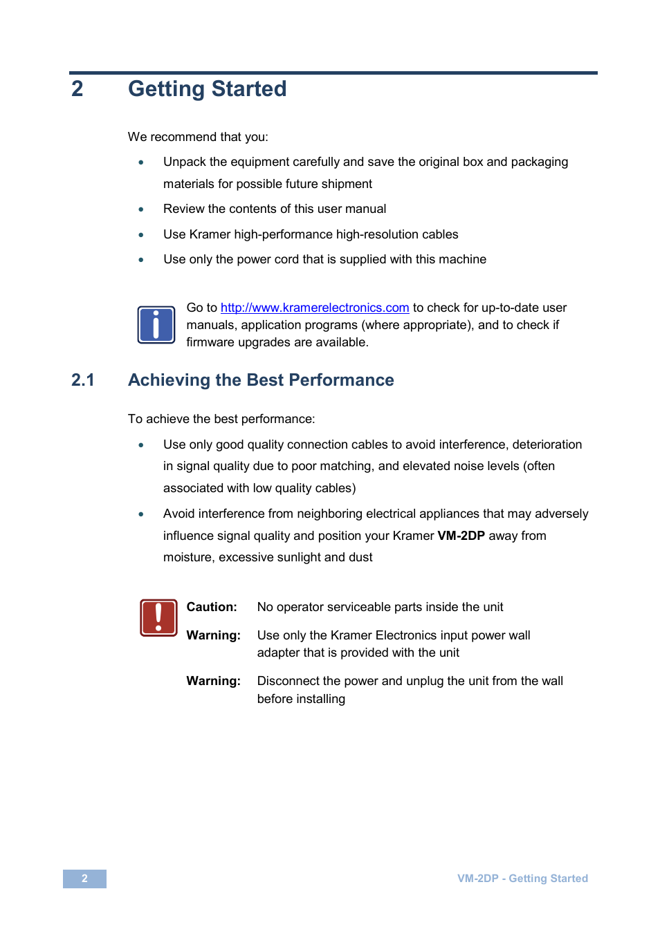 2 getting started, 1 achieving the best performance, Getting started | Achieving the best performance, 2getting started | Kramer Electronics VM-2DP User Manual | Page 5 / 13