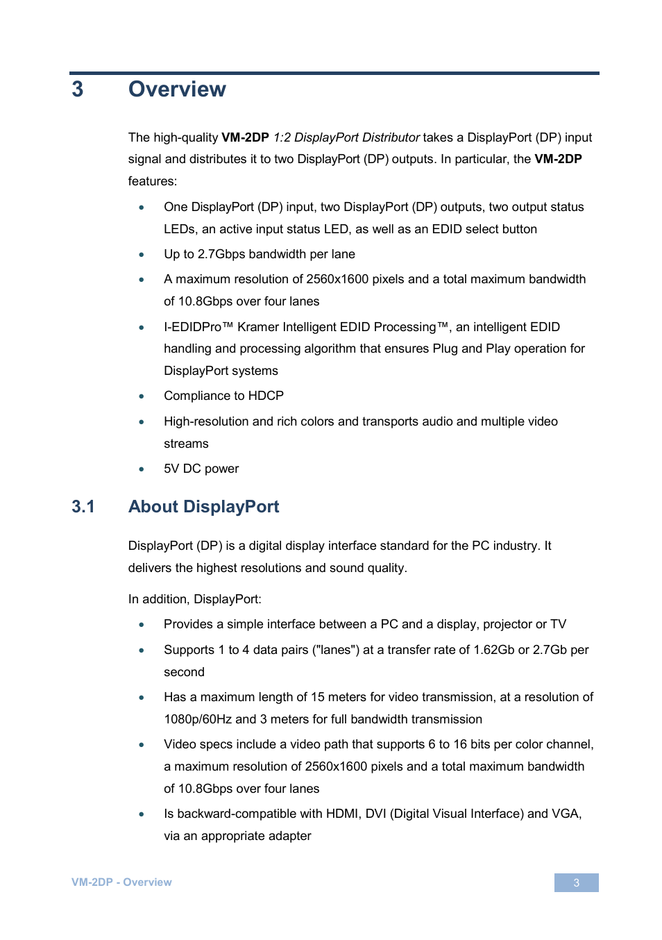 3 overview, 1 about displayport, Overview | About displayport, 3overview | Kramer Electronics VM-2DP User Manual | Page 6 / 13