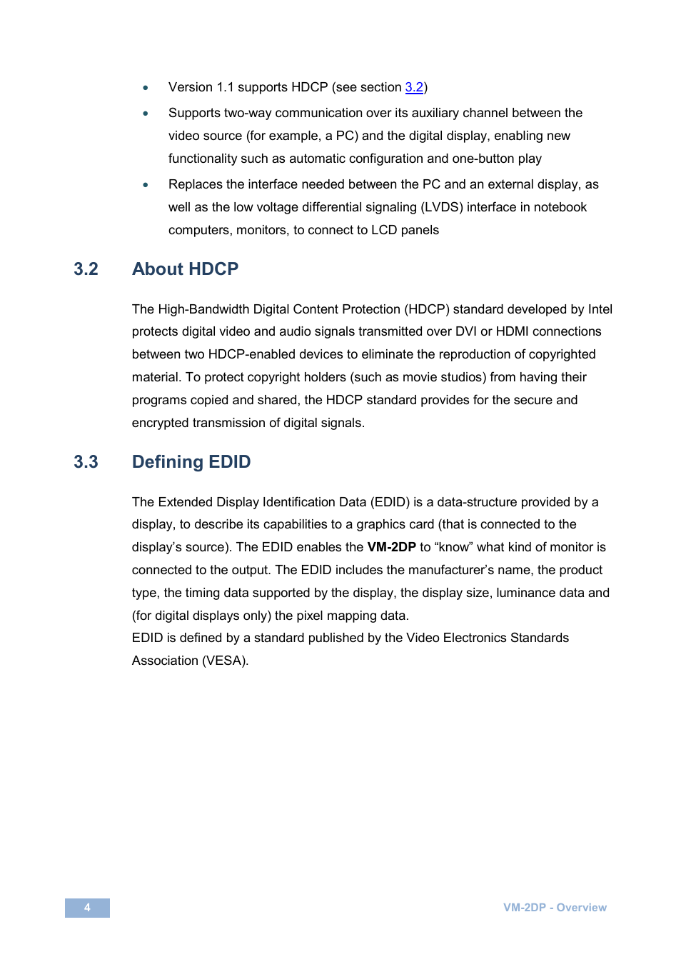 2 about hdcp, 3 defining edid, About hdcp | Defining edid | Kramer Electronics VM-2DP User Manual | Page 7 / 13