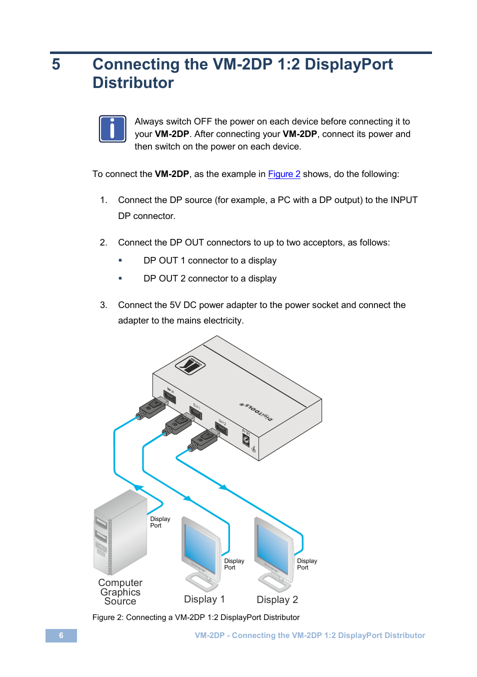 Connecting the vm-2dp 1:2 displayport distributor, 5connecting the vm-2dp 1:2 displayport distributor | Kramer Electronics VM-2DP User Manual | Page 9 / 13