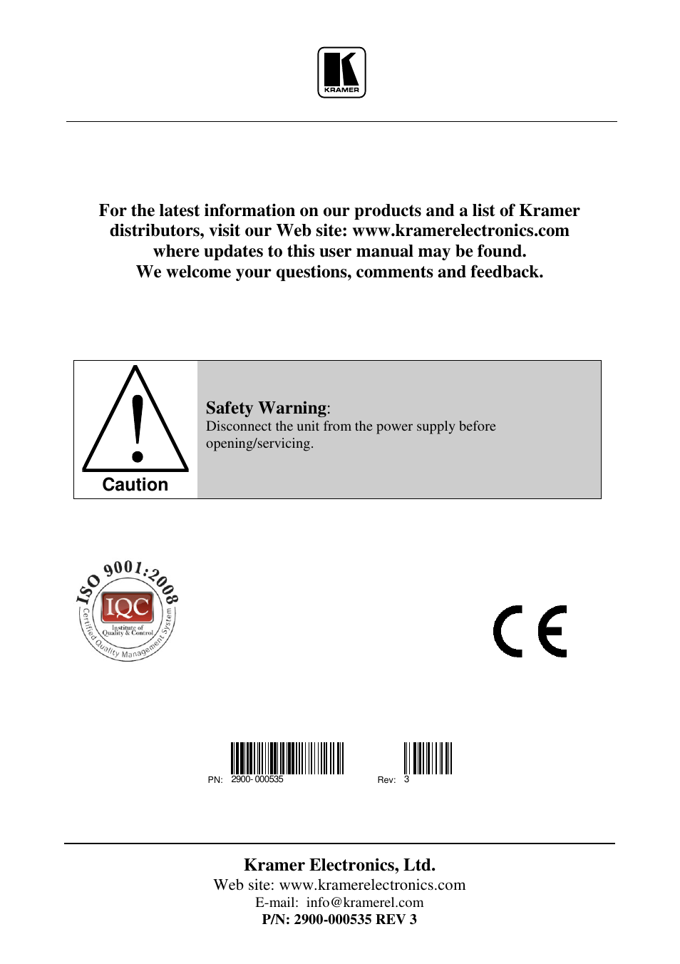 Kramer electronics, ltd, Caution, Safety warning | Kramer Electronics VM-5S User Manual | Page 24 / 24