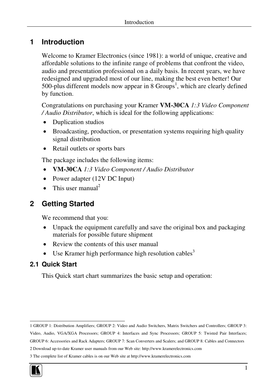 1 introduction, 2 getting started | Kramer Electronics VM-30CA User Manual | Page 3 / 11