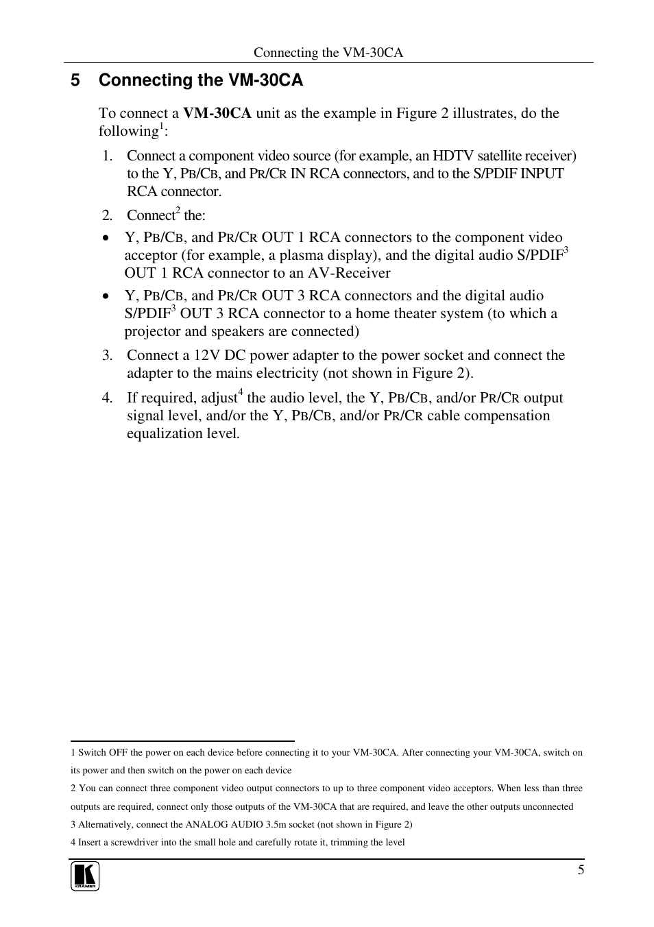 5 connecting the vm-30ca | Kramer Electronics VM-30CA User Manual | Page 7 / 11