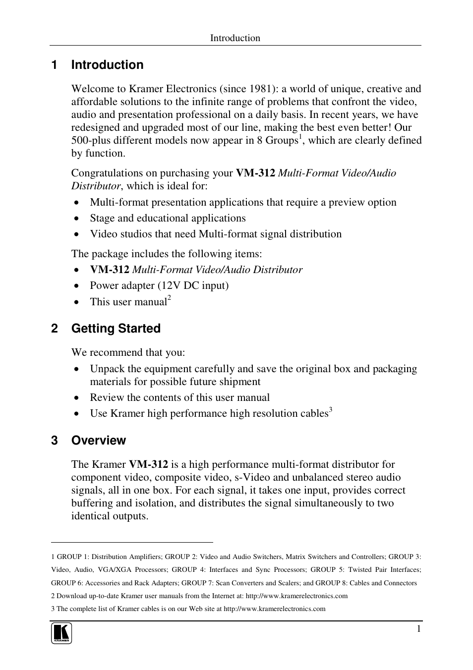 1 introduction, 2 getting started, 3 overview | Kramer Electronics VM-312 User Manual | Page 3 / 10