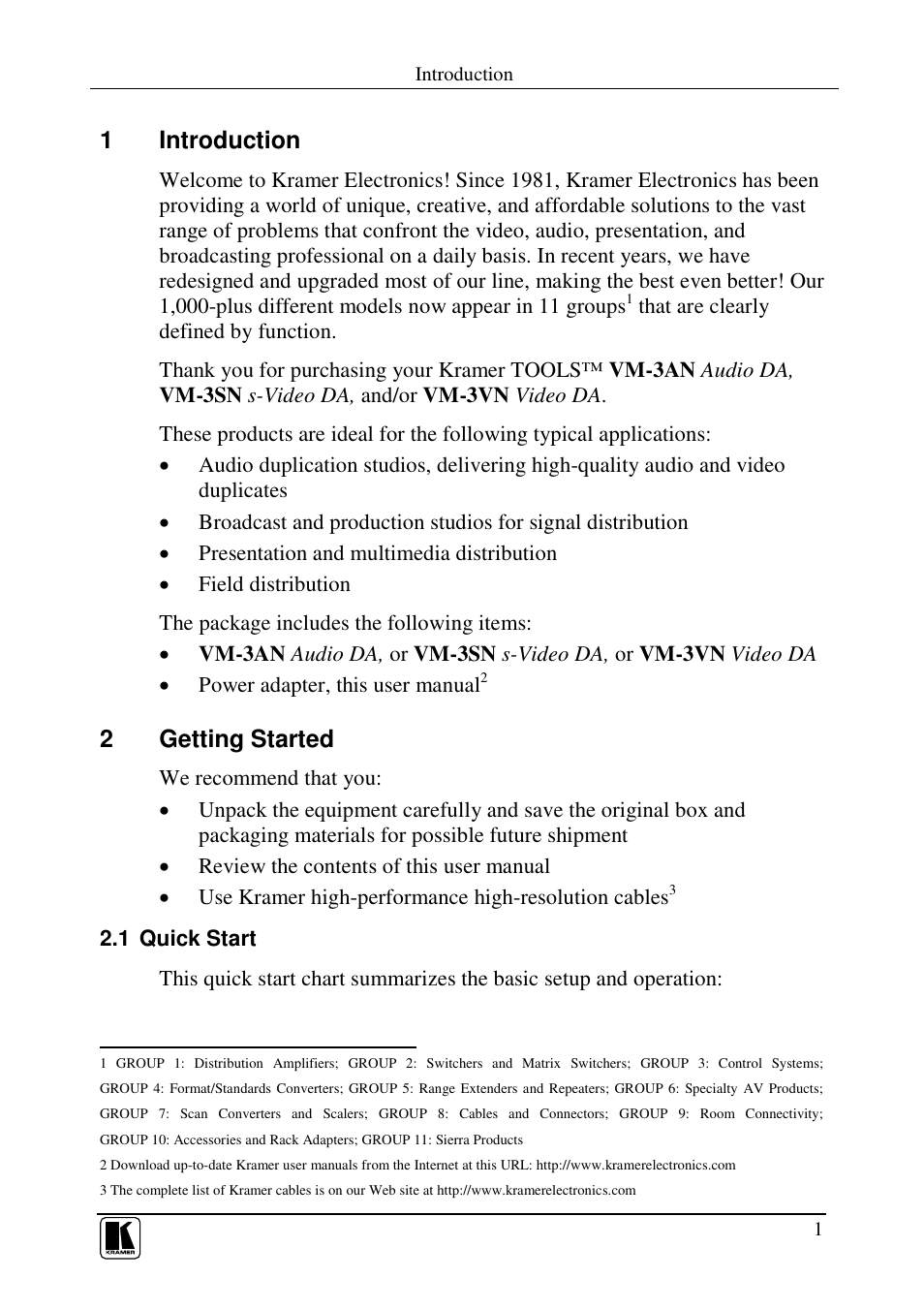 1introduction, 2getting started | Kramer Electronics VM-3VN User Manual | Page 3 / 15