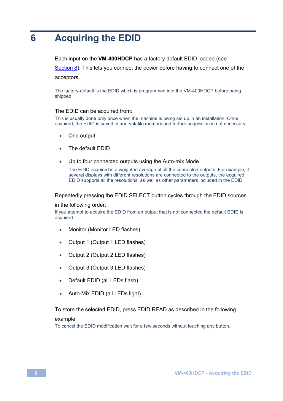 6 acquiring the edid, Acquiring the edid, On 6 | 6acquiring the edid | Kramer Electronics VM-400HDCP User Manual | Page 11 / 17