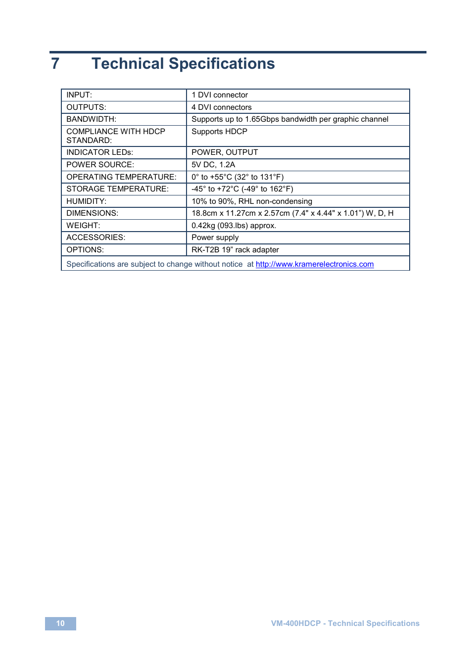 7 technical specifications, Technical specifications, 7technical specifications | Kramer Electronics VM-400HDCP User Manual | Page 13 / 17