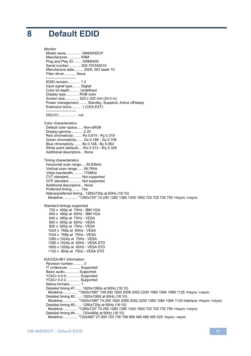 8 default edid, Default edid, 8default edid | Kramer Electronics VM-400HDCP User Manual | Page 14 / 17