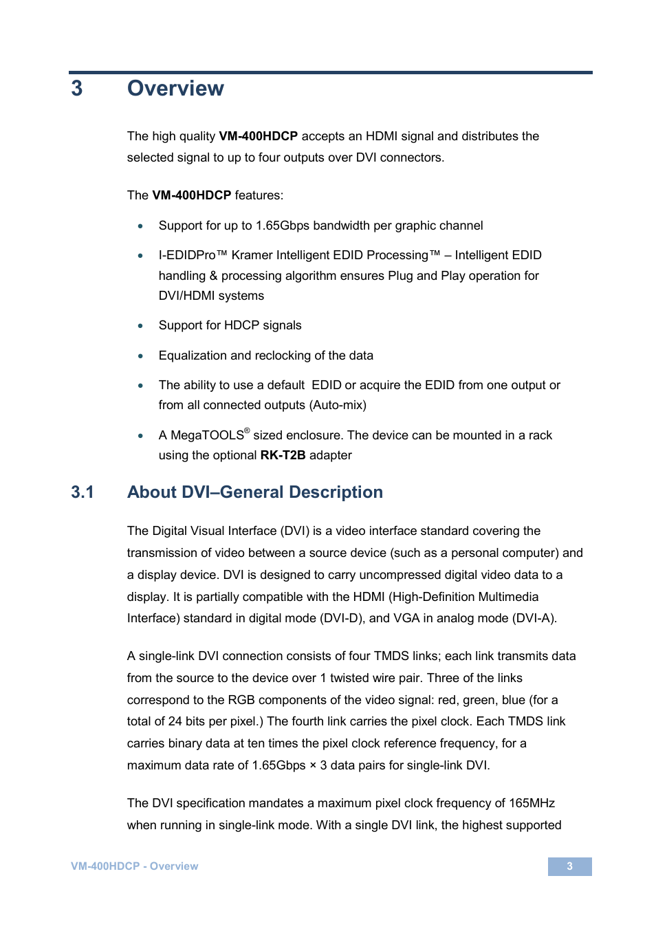 3 overview, 1 about dvi–general description, Overview | About dvi–general description, 3overview | Kramer Electronics VM-400HDCP User Manual | Page 6 / 17