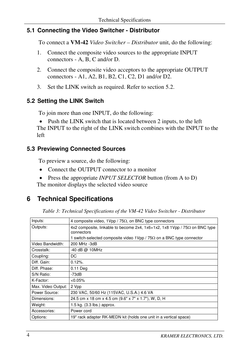 6 technical specifications | Kramer Electronics VM-42 User Manual | Page 5 / 8