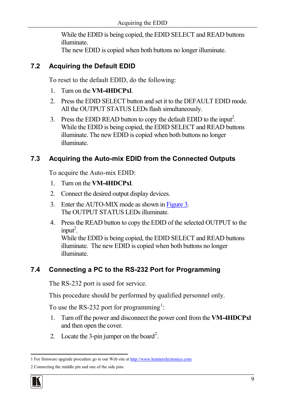 2 acquiring the default edid, Acquiring the default edid, Connecting a pc to the rs-232 port for programming | Kramer Electronics VM-4HDCPxl User Manual | Page 11 / 14