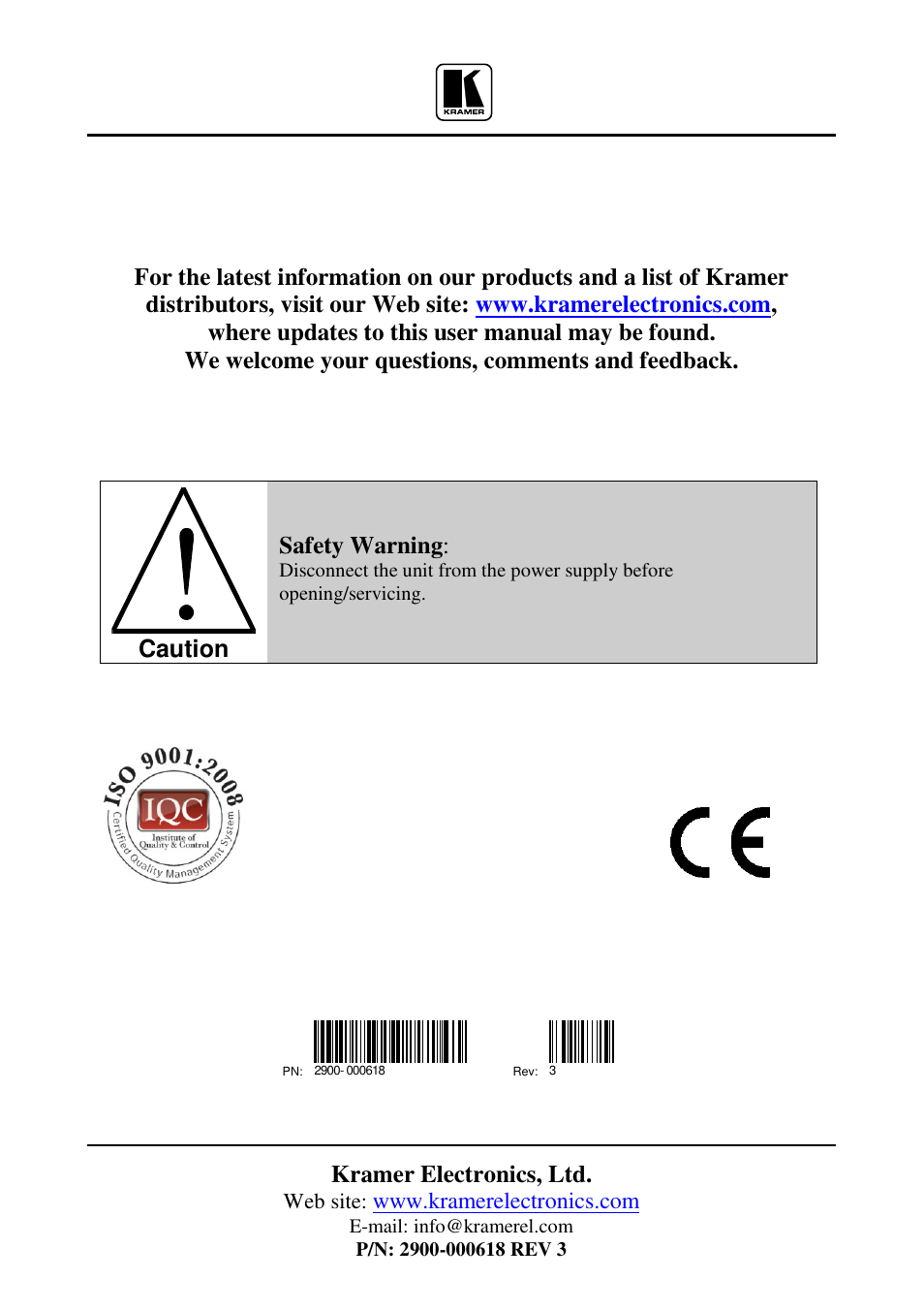 Kramer electronics, ltd, Caution, Safety warning | Kramer Electronics VM-4HDCPxl User Manual | Page 14 / 14