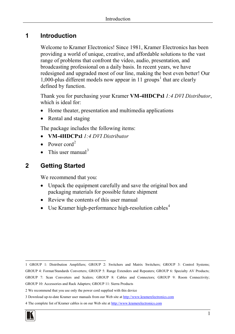 1 introduction, 2 getting started, Introduction | Getting started, 1introduction, 2getting started | Kramer Electronics VM-4HDCPxl User Manual | Page 3 / 14