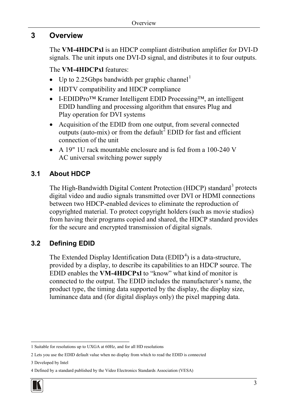 3 overview, 1 about hdcp, 2 defining edid | Overview, About hdcp, Defining edid, 3overview | Kramer Electronics VM-4HDCPxl User Manual | Page 5 / 14