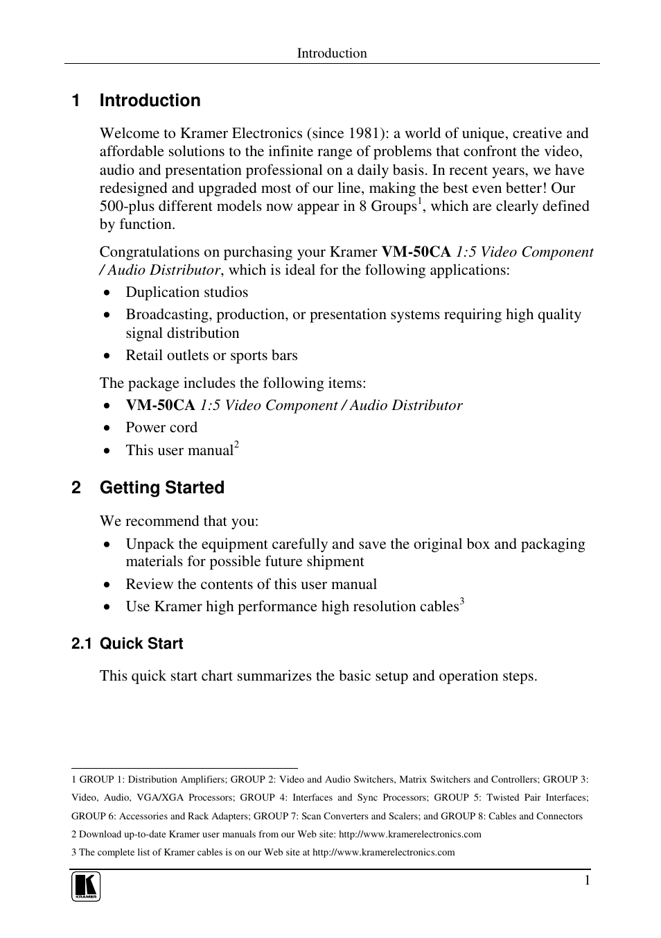 1 introduction, 2 getting started | Kramer Electronics VM-50CA User Manual | Page 3 / 13