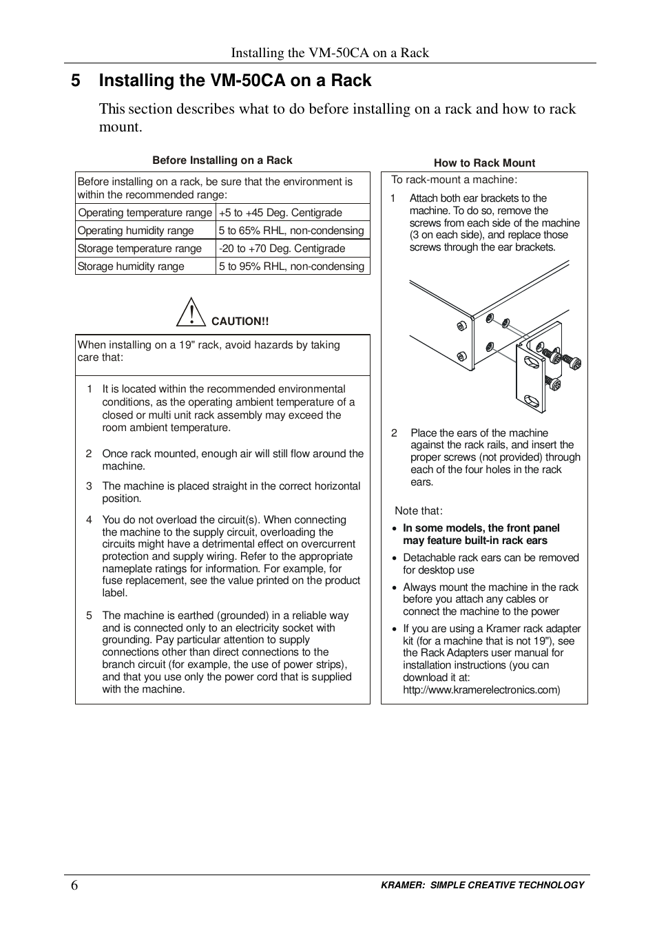 5 installing the vm-50ca on a rack, Installing the vm-50ca on a rack | Kramer Electronics VM-50CA User Manual | Page 8 / 13