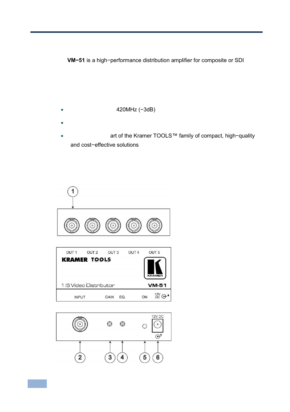 3 overview, 1 defining the vm-51 1:5 video distributor, Overview | Defining the vm-51 1:5 video distributor, Figure 1: vm-51 1:5 video distributor, 3overview | Kramer Electronics VM-51 User Manual | Page 7 / 12