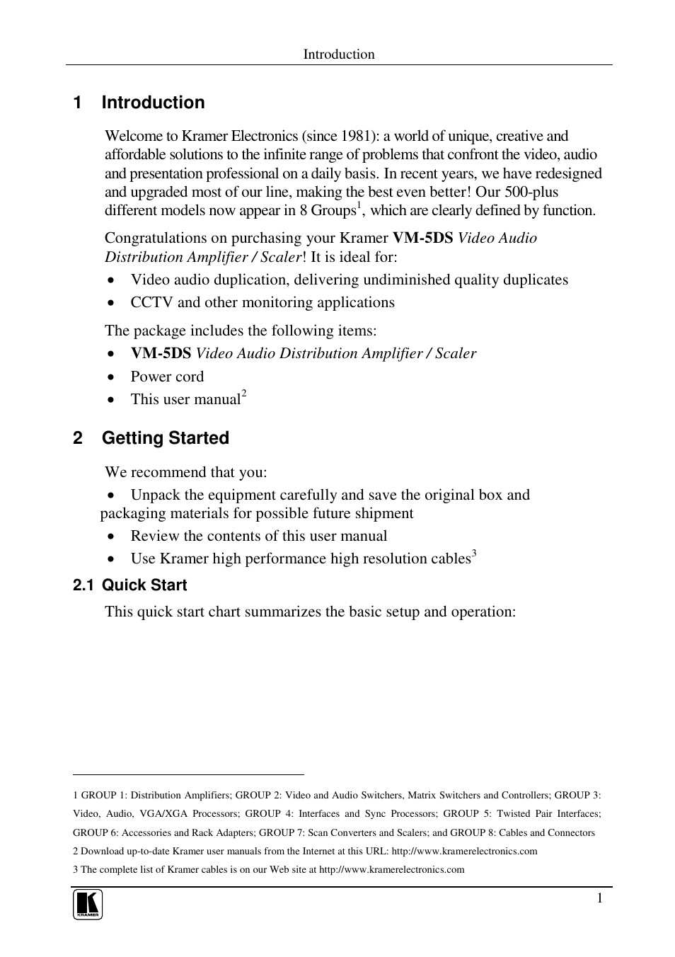 1 introduction, 2 getting started | Kramer Electronics VM-5DS User Manual | Page 3 / 12