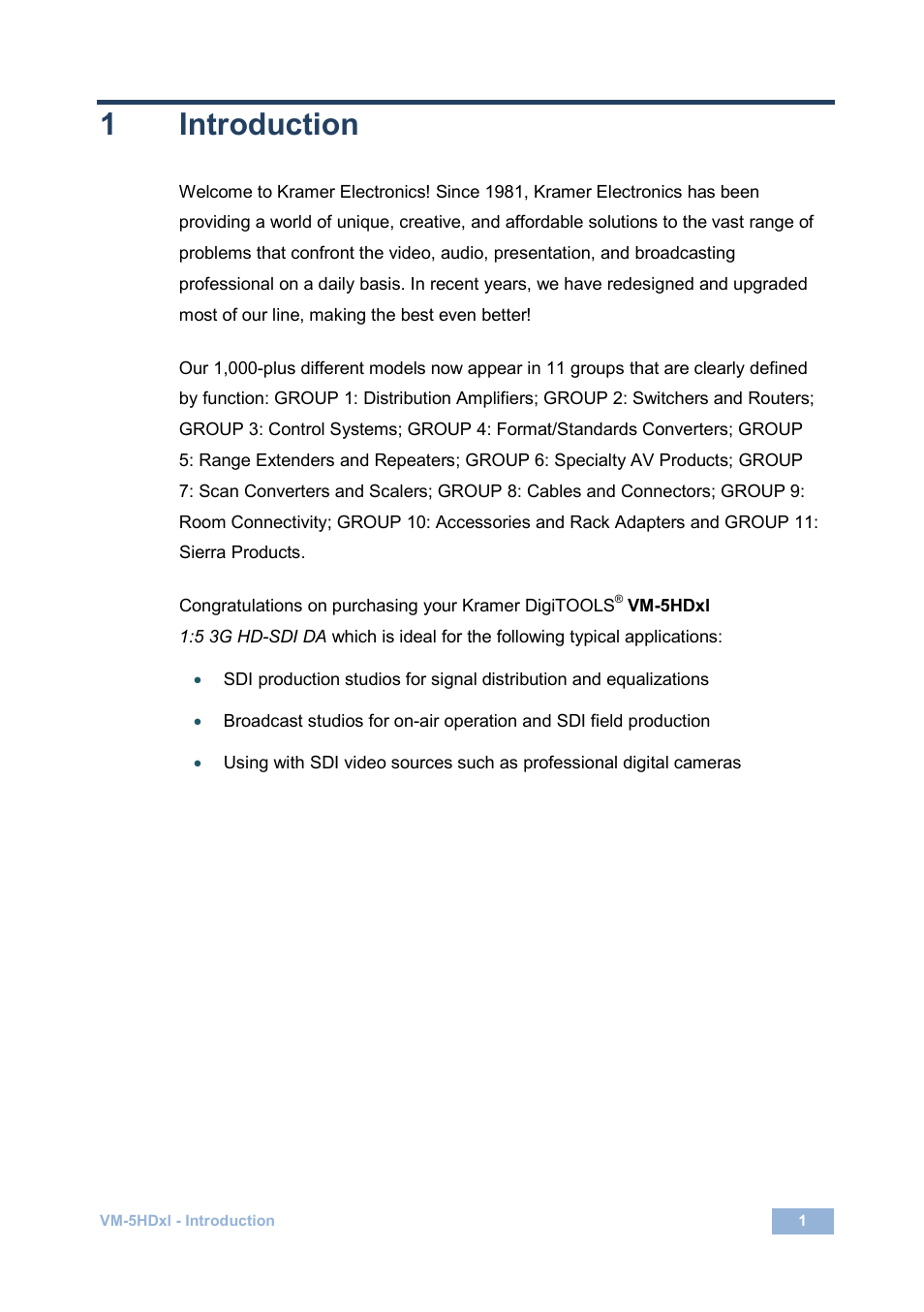 1 introduction, Introduction, 1introduction | Kramer Electronics VM-5HDxl User Manual | Page 4 / 11