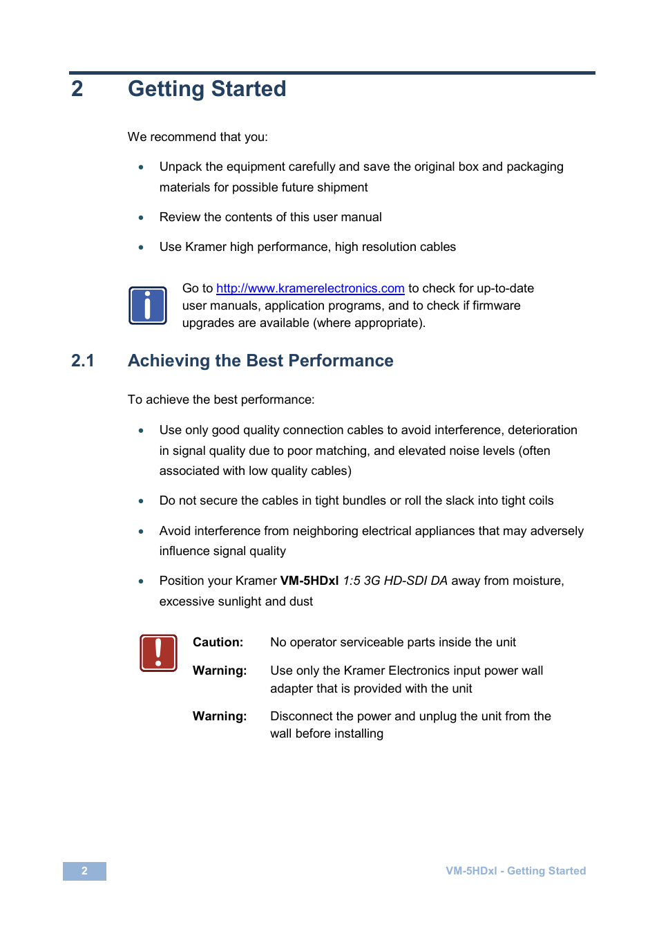 2 getting started, 1 achieving the best performance, Getting started | Achieving the best performance, 2getting started | Kramer Electronics VM-5HDxl User Manual | Page 5 / 11