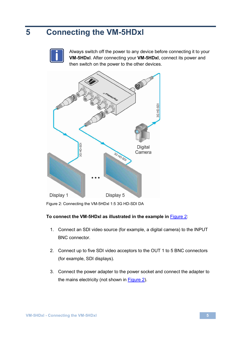 5 connecting the vm-5hdxl, Connecting the vm-5hdxl, Figure 2: connecting the vm-5hdxl 1:5 3g hd-sdi da | 5connecting the vm-5hdxl | Kramer Electronics VM-5HDxl User Manual | Page 8 / 11