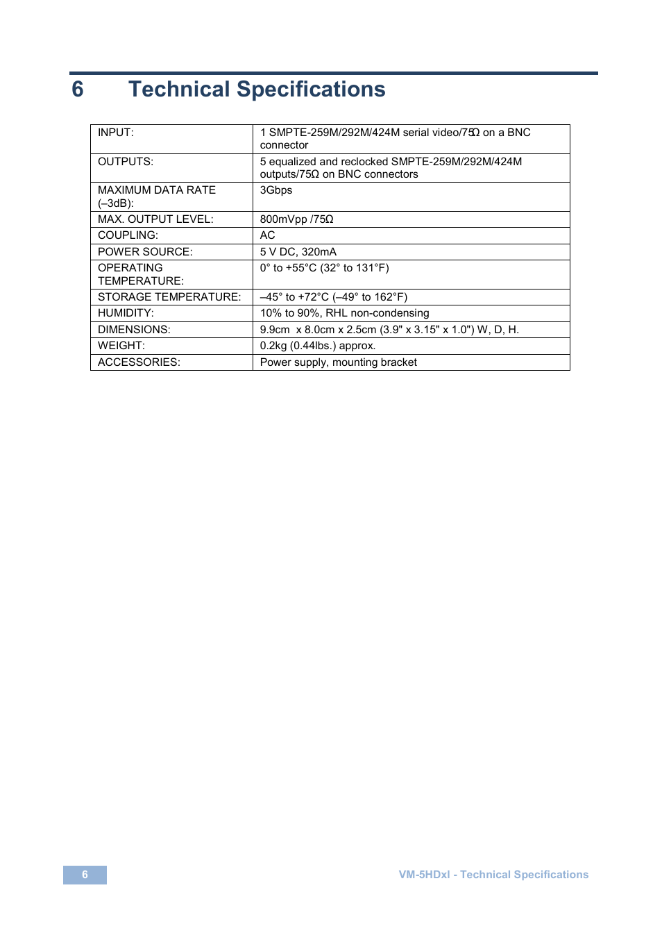 6 technical specifications, Technical specifications, 6technical specifications | Kramer Electronics VM-5HDxl User Manual | Page 9 / 11